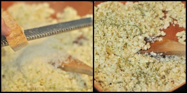 Cauliflower Rice with Parmesan and Garlic is seasoned with Parmesan cheese, garlic and spices.