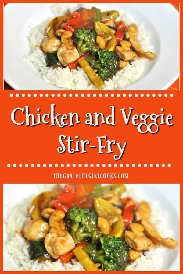 Chicken Veggie Stir Fry, with broccoli, carrots, bok choy, zucchini, onions, etc. in an Asian-inspired sauce, is served on rice.