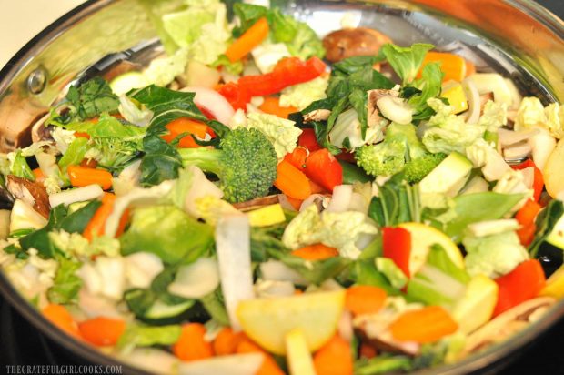 The veggies are cooked in a large skillet for the chicken veggie stir fry.