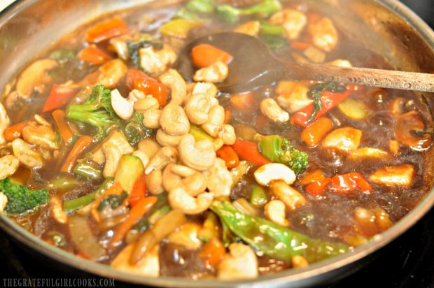 Cashews are added to the chicken veggie stir fry, after sauce thickens.