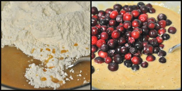 Dry ingredients, then cranberries are added to loaf batter.
