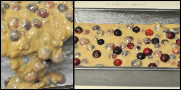 Batter for cranberry orange loaf poured into pan, then baked.