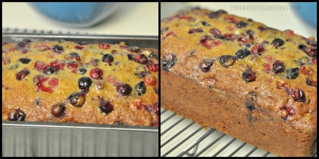 Cranberry orange loaf is baked and removed from pan.