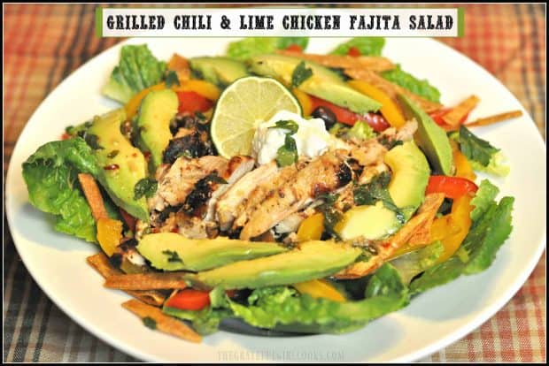 Grilled Chili Lime Chicken Fajita Salad is delicious, with marinated chicken, peppers, onions, black beans, avocado and lettuce, and a chili lime dressing!
