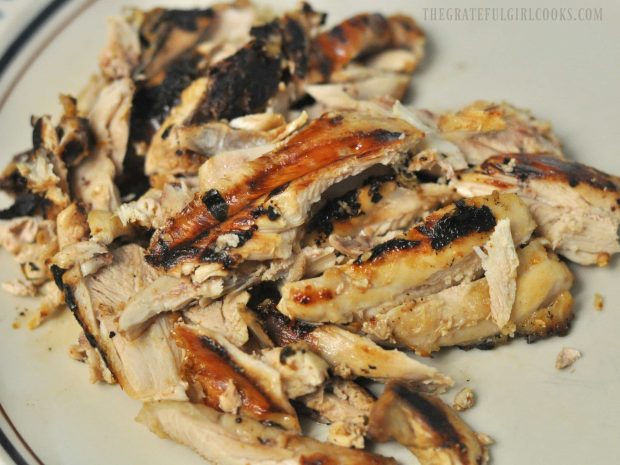 Grilled marinated chicken, cut into thin slices for salad