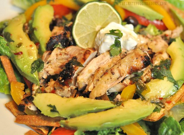 Close up photo of chicken fajita salad 