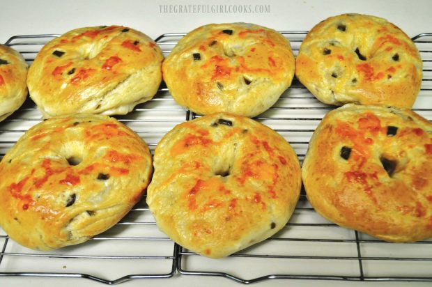 Jalapeño Cheddar Bagels, cooling on wire rack after baking.