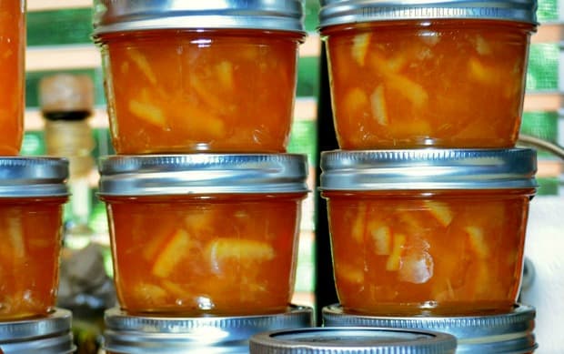 Close up photo of finished jars of marmalade