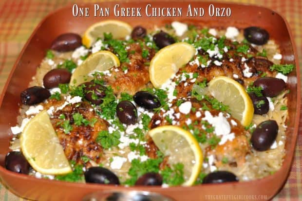 Greek Chicken and Orzo is made in one pan, and is ready in 30 minutes, with thighs, orzo pasta, classic seasonings, kalamata olives and feta cheese.