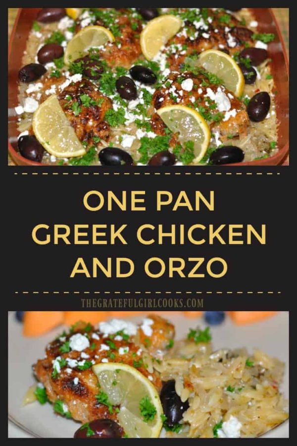 Greek Chicken and Orzo is made in one pan, and is ready in 30 minutes, with thighs, orzo pasta, classic seasonings, kalamata olives and feta cheese.