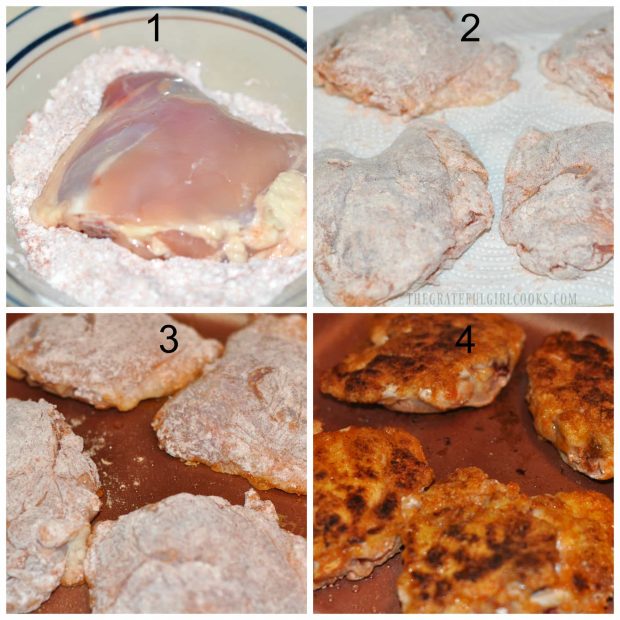 Chicken thighs are coated in flour, then cooked until browned in skillet.