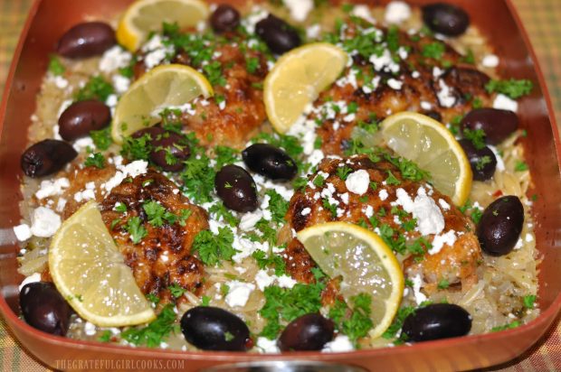 The one pan Greek chicken and orzo is served!