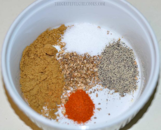 The spices for the pan seared salmon in a small white bowl, ready to mix.