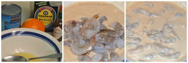 Shrimp for kabobs dipped into coconut milk citrus marinade