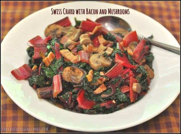 You're going to enjoy Swiss Chard with Bacon and Mushrooms! This flavorful vegetable side dish also has onions and garlic, and is ready in under 20 minutes! 