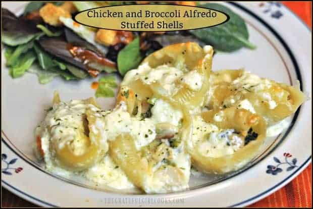 Enjoy great Italian flavors in Chicken Broccoli Stuffed Shells! Pasta shells filled with chicken, broccoli, and a creamy garlic cheese sauce.