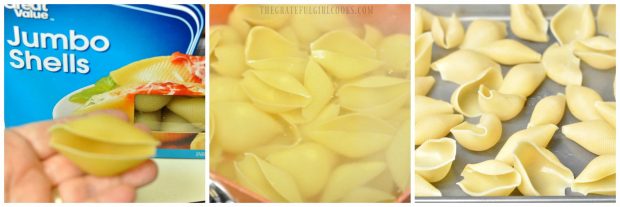 Jumbo pasta shells are cooked before being stuffed with Mexican flavored filling.