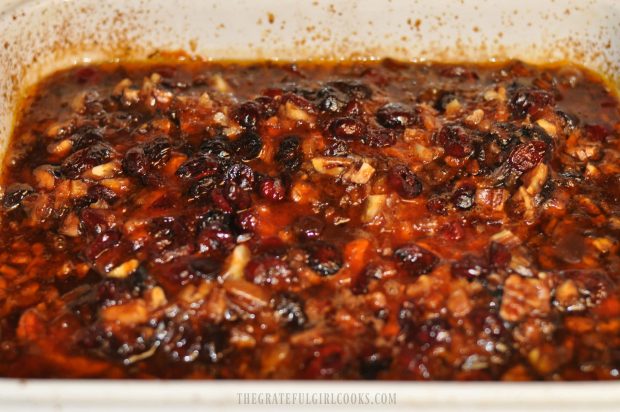 Cranberry chicken out of the oven after baking for one hour.