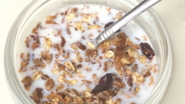 Gingerbread Granola can be eaten with milk as a breakfast cereal.