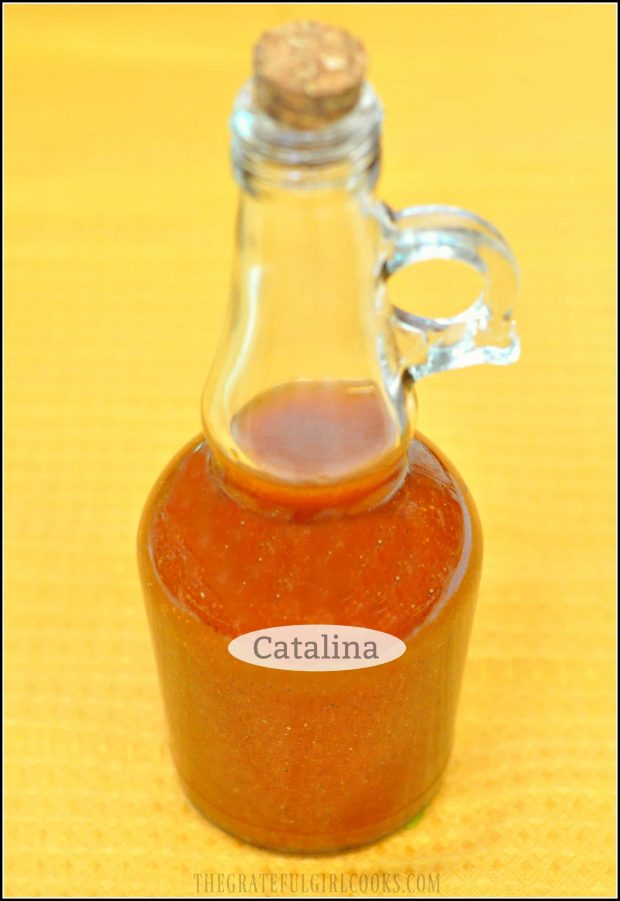 Homemade Catalina salad dressing in a labeled jar