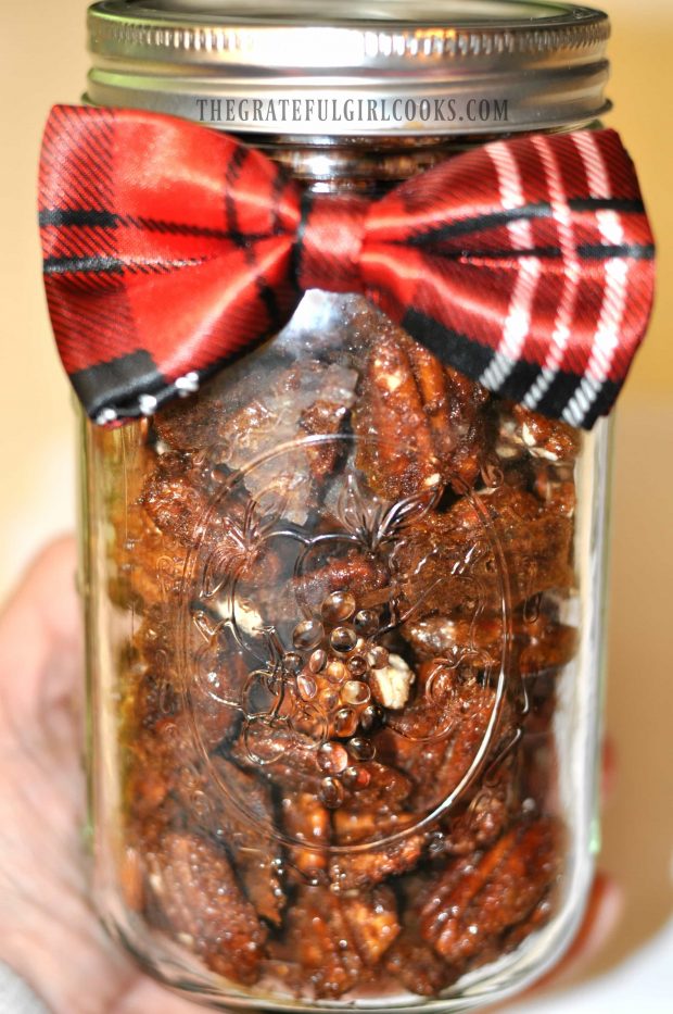 Maple Cinnamon Spiced Nuts, wrapped in canning jar for gift giving