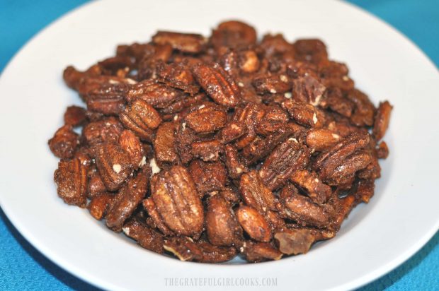 Maple Cinnamon Spiced Nuts served in white bowl