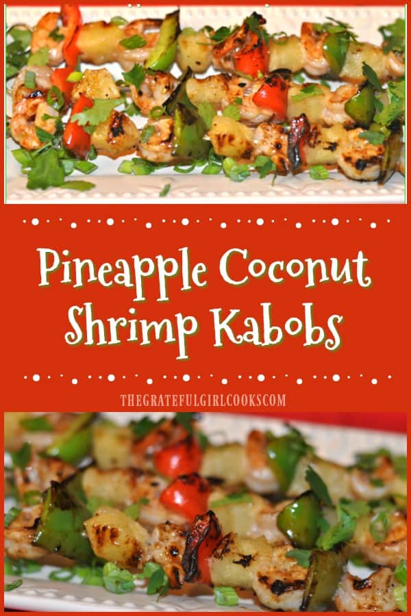 Shrimp (marinated in coconut milk and citrus sauce), pineapple chunks, and red and green bell peppers are grilled on skewers and taste fantastic!