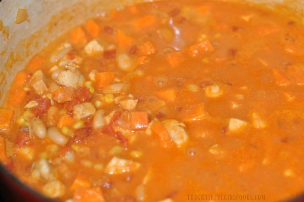 The African stew cooks until sweet potatoes are tender.