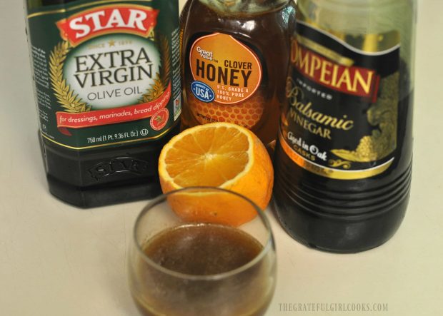 Ingredients for citrus balsamic vinaigrette to put on a berry orange spinach salad.