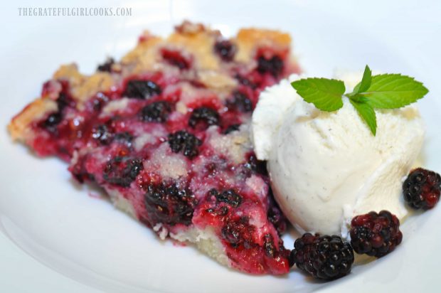 A scoop of vanilla ice cream is served with a slice of the blackberry cobbler.