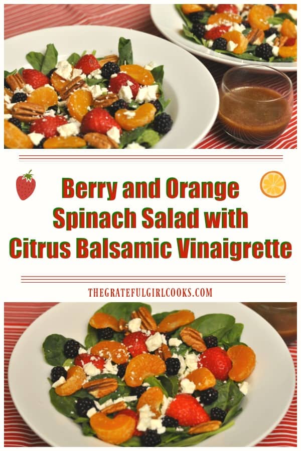 This colorful berry orange spinach salad with strawberries, blackberries, mandarin oranges, and feta, is topped with a citrus balsamic vinaigrette!