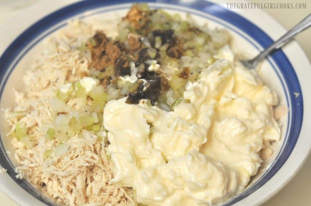Mayonnaise, onion, celery and spices added to shredded chicken