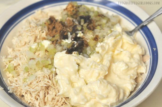 Mayonnaise, onion, celery and spices added to shredded chicken