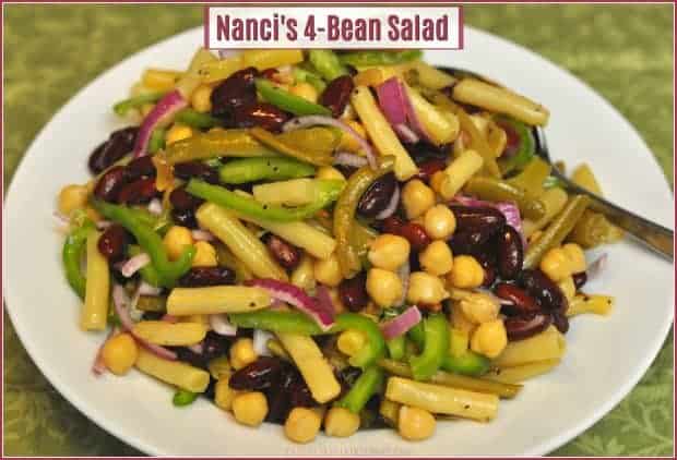 This DELICIOUS, 4-Bean Salad is easy to make from scratch in 10 minutes, and is a perfect side dish for family celebrations, picnics, or potlucks!