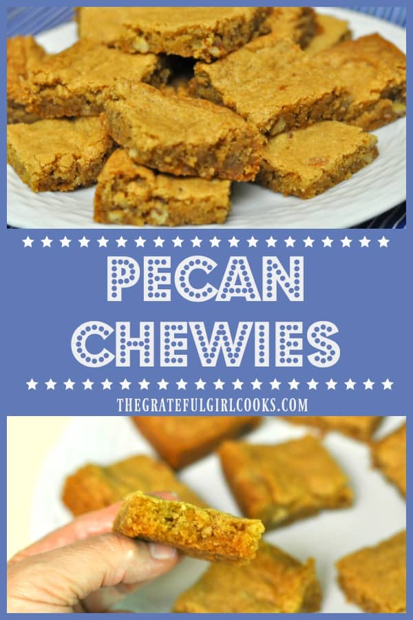 Pecan Chewies are bar cookies that are absolutely buttery, chewy and delicious! You can make 2 dozen of these yummy family friendly treats in no time at all!