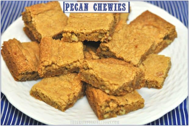Pecan Chewies are bar cookies that are absolutely buttery, chewy and delicious! You can make 2 dozen of these yummy family friendly treats in no time at all!
