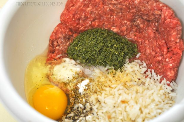 Meat, egg, spices for albondigas soup in bowl