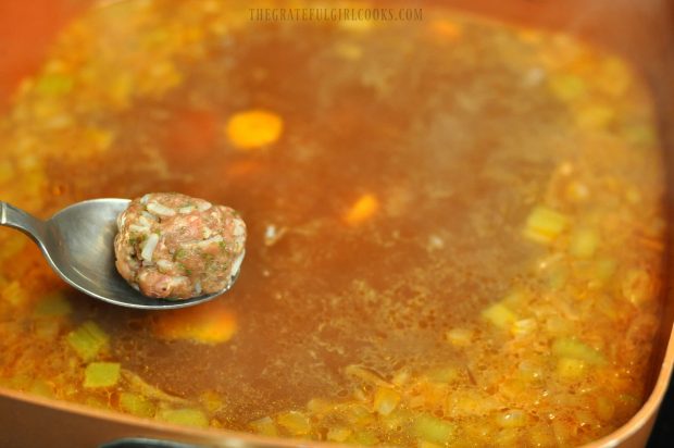 Putting the meatball into the soup pot