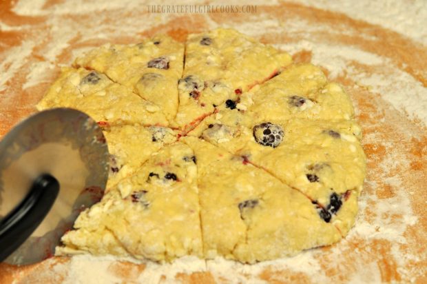 Scone dough formed, then cut into 8 wedges before baking