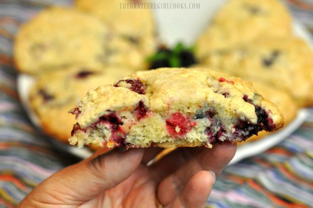 Close up of a blackberry scone being held up.