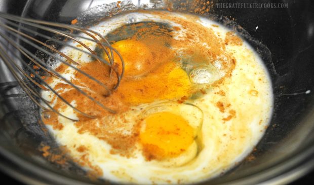 Whisking milk, eggs and cinnamon for french toast