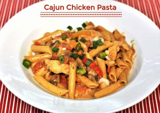 Cajun chicken pasta, with chicken breasts, healthy veggies in a creamy, mildly spicy sauce in this "lightened up" copycat version of a famous restaurant's dish!