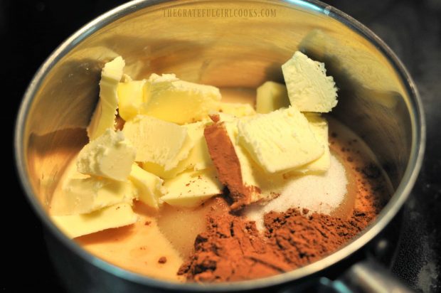 Cocoa, butter, sugar and evaporated milk cook before adding to dry ingredients.