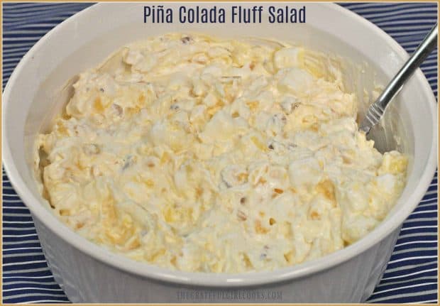 This EASY to make, sweet and delicious tropics inspired Piña Colada Fluff Salad, with pineapple and coconut, only takes 5 minutes to prepare and serves 8!