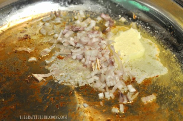 Butter and shallots are cooked for marsala sauce for pork medallions.