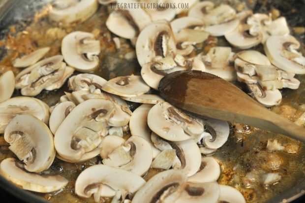 Sliced mushrooms are added to marsala sauce for pork medallions.