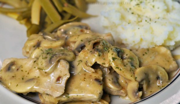 Pork medallions in mushroom marsala sauce, served with potatoes and green beans.