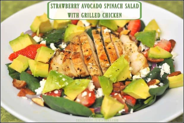 Strawberry Avocado Spinach Salad with Grilled Chicken is bursting with flavor and protein, and tastes delicious topped with a homemade light balsamic dressing.