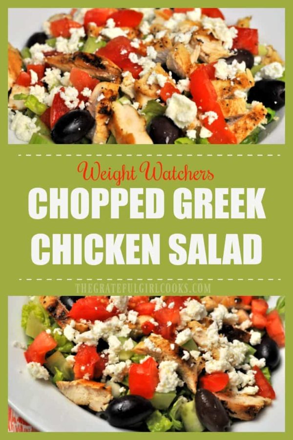 You'll love this Weight Watchers Chopped Greek Chicken Salad, with grilled chicken, feta cheese, kalamata olives, crunchy cucumbers, and a light vinaigrette!