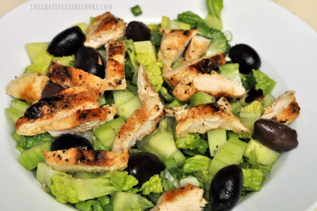 Grilled chicken and kalamata olives are added to the chopped Greek chicken salad. 